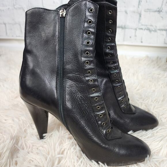 Prada heeled lace up booties leather Sz 37 black A30 - Picture 2 of 7